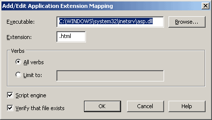 Mapping .html extension to the asp.dll in IIS Manager
